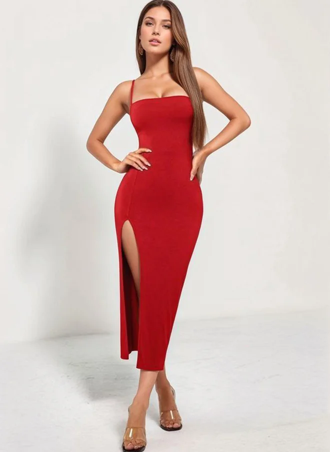 PRIZO PRIZO Cherry Red Slits Bodycon Midi Dress